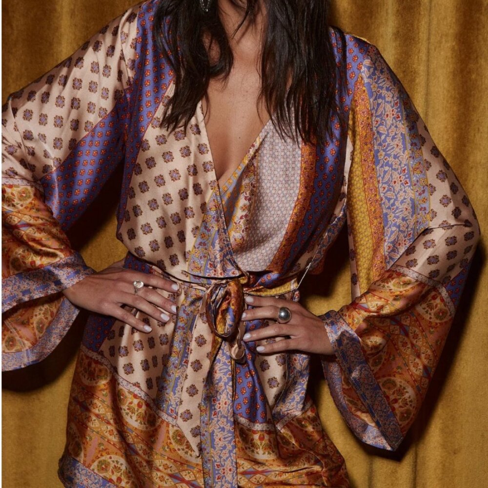 12th Tribe Gold Standard Multicolored Kimono Wrap Dress Mini - Size M